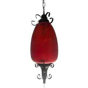 VTG Large Swag Lamp Red Crackle Glass Hanging Light Spanish Revival Pull String